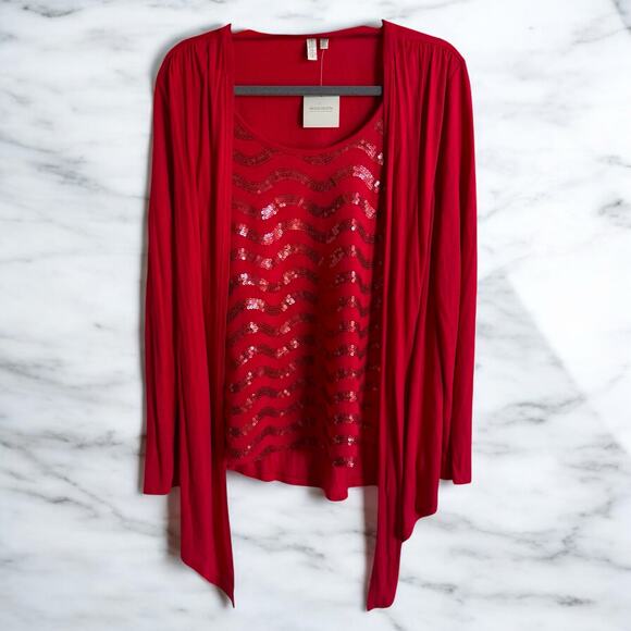 Madison Womens Top Sz XL Red‎ Sequined Cardigan Look Flowy Knit NEW with Tags - Picture 2 of 6